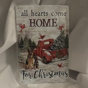Vintage Christmas Metal Sign with Red Truck and Dogs